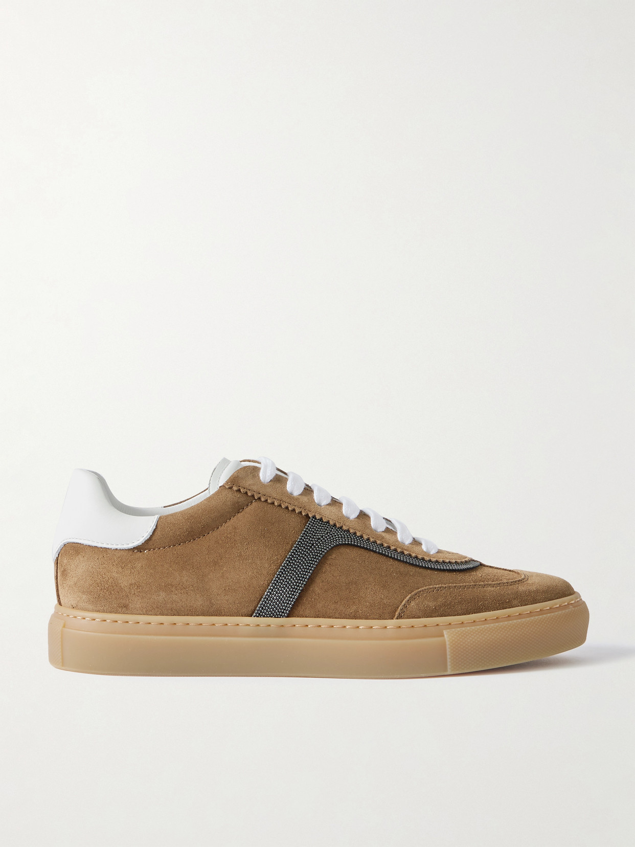 Brunello Cucinelli Bead-embellished Leather-trimmed Suede Sneakers In Brown