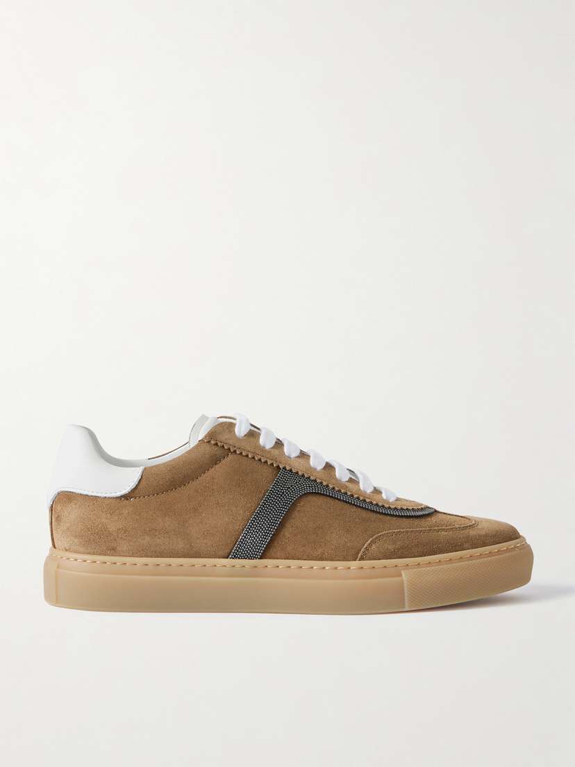 Brunello Cucinelli Bead-embellished Leather-trimmed Suede Sneakers