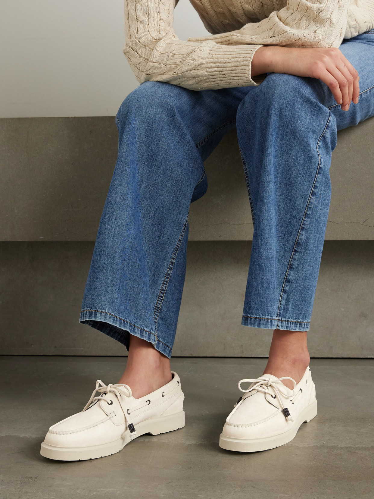 Brunello Cucinelli Bead-embellished Suede Loafers In Cream