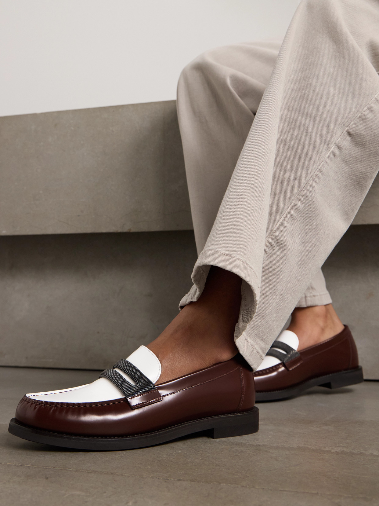 Brunello Cucinelli Bead-detailed Leather Loafers In Brown