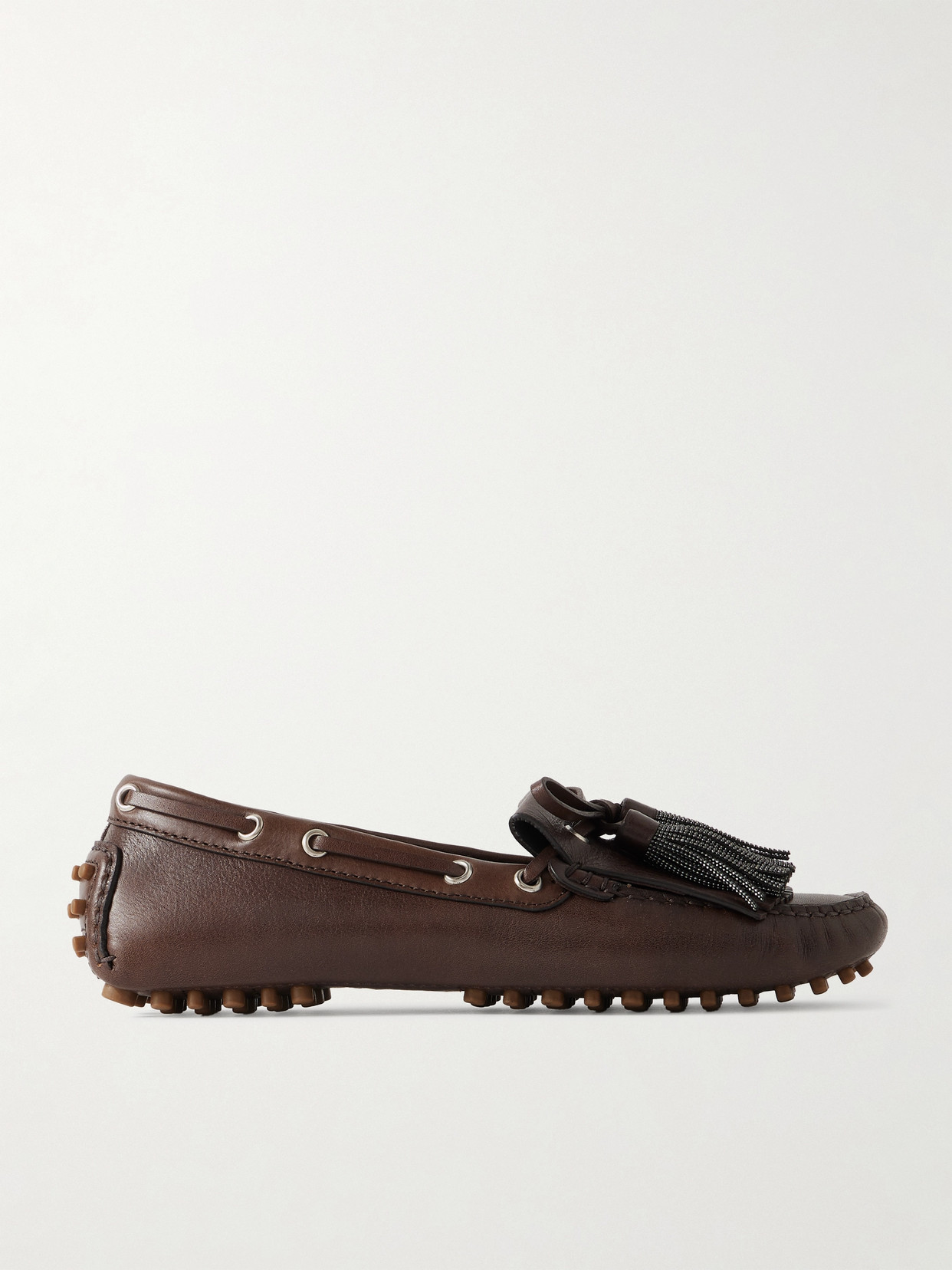 Brunello Cucinelli Tasseled Fringed Bead-embellished Leather Loafers In Brown