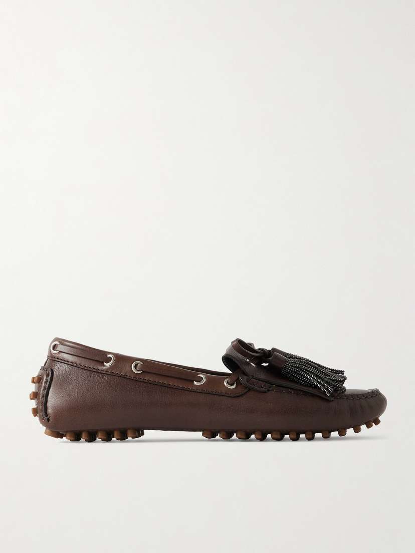 Brunello Cucinelli Tasseled Fringed Bead-embellished Leather Loafers