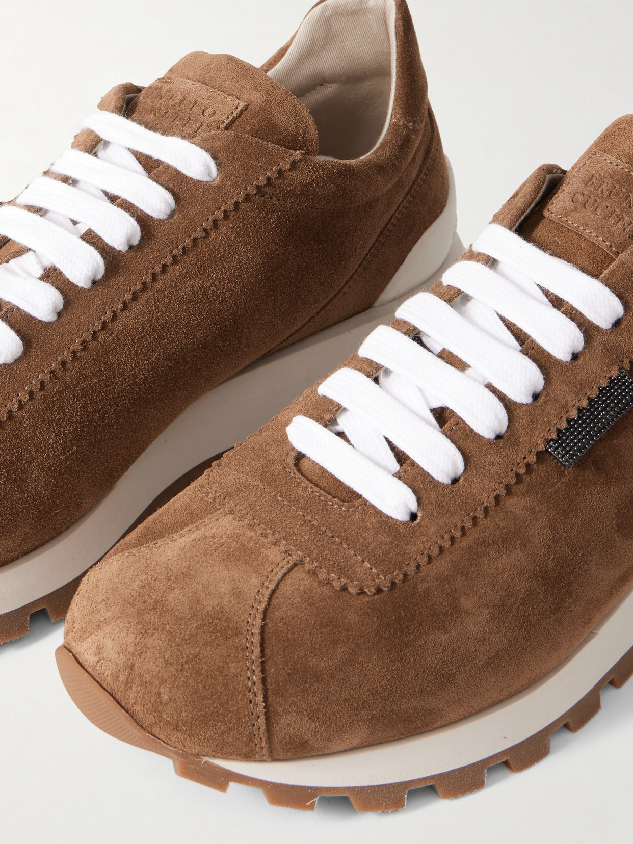 Brunello Cucinelli Bead-embellished Suede Sneakers In Brown