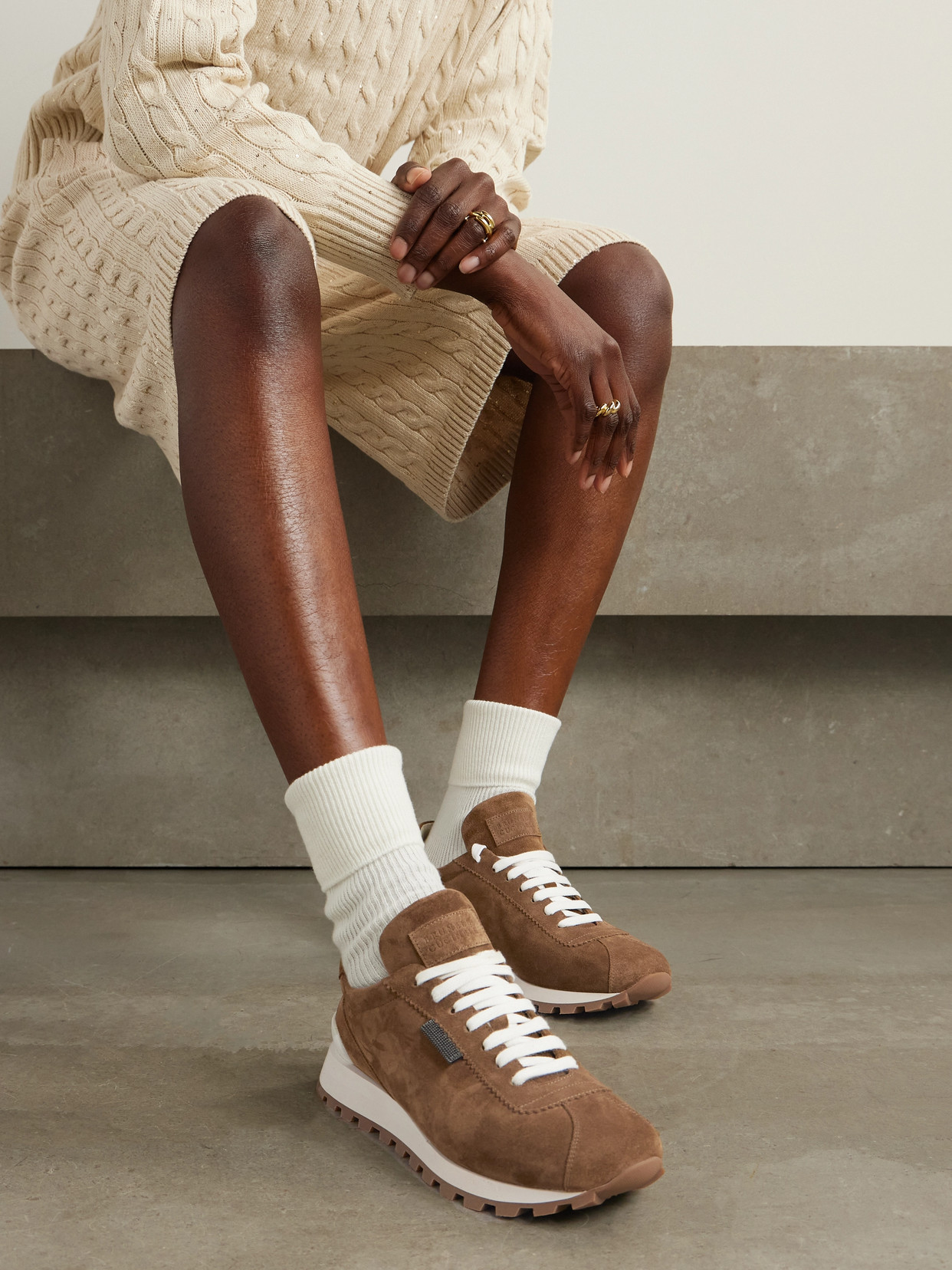 Brunello Cucinelli Bead-embellished Suede Sneakers In Brown