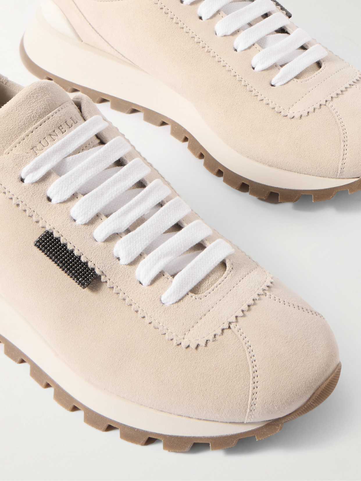 Brunello Cucinelli Bead-embellished Suede Sneakers In Neutrals