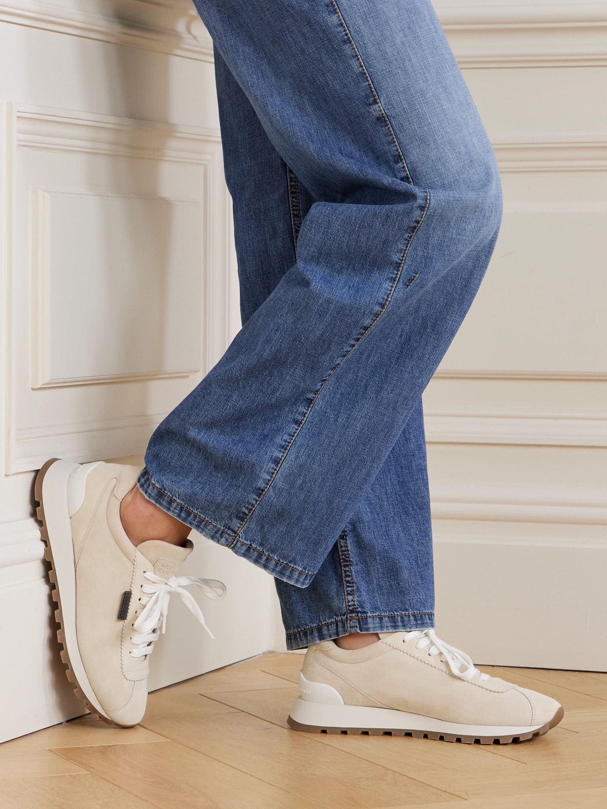 Brunello Cucinelli Bead-embellished Suede Sneakers In Neutrals