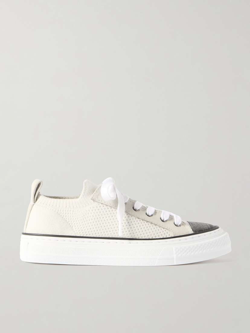 Brunello Cucinelli Bead-embellished Suede-trimmed Stretch-knit Sneakers