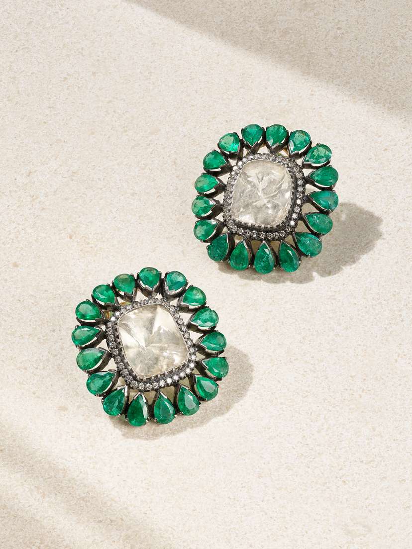 Amrapali London Rajasthan 18-karat Gold, Sterling Silver, Emerald And Diamond Earrings
