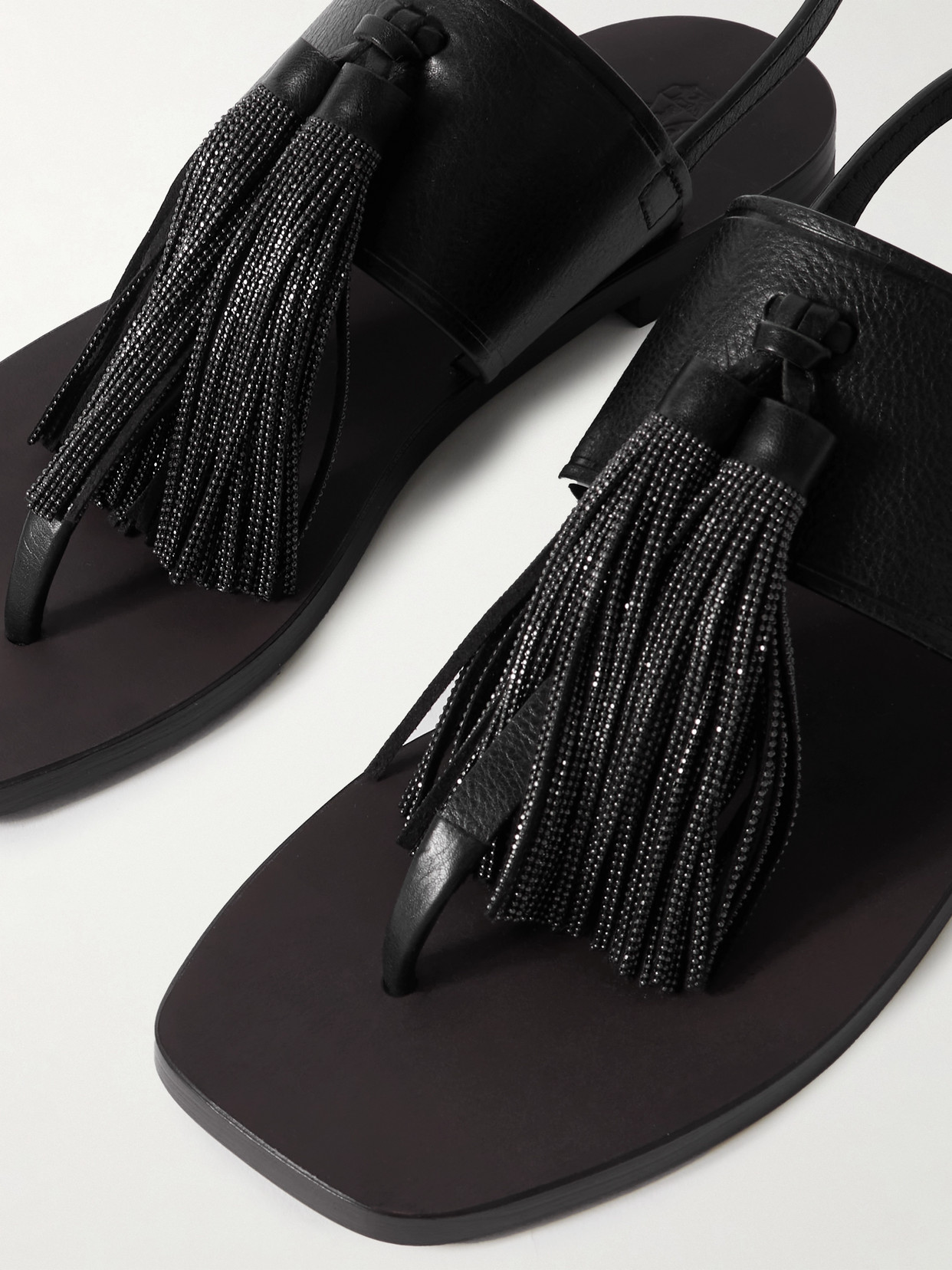 Brunello Cucinelli Bead-embellished Tasseled Leather Sandals In Black