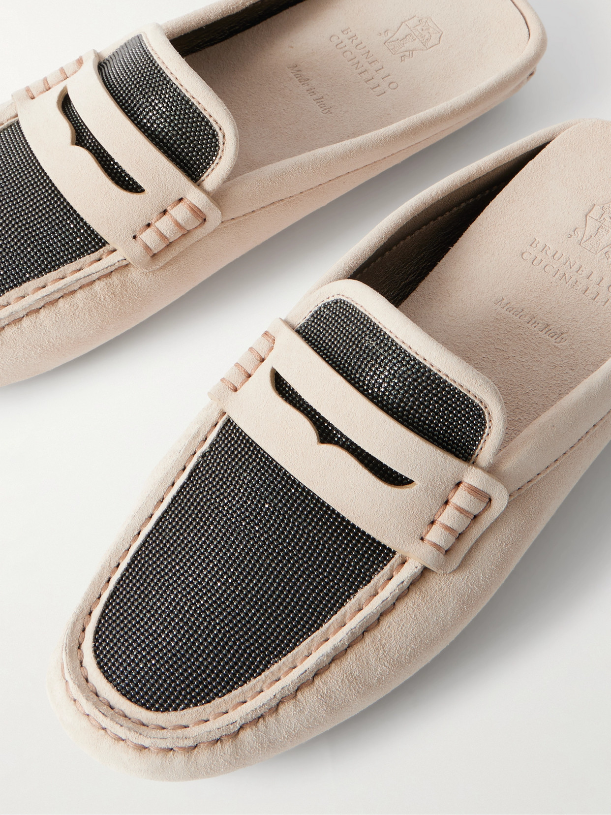 Brunello Cucinelli Bead-embellished Suede Slippers In Neutrals