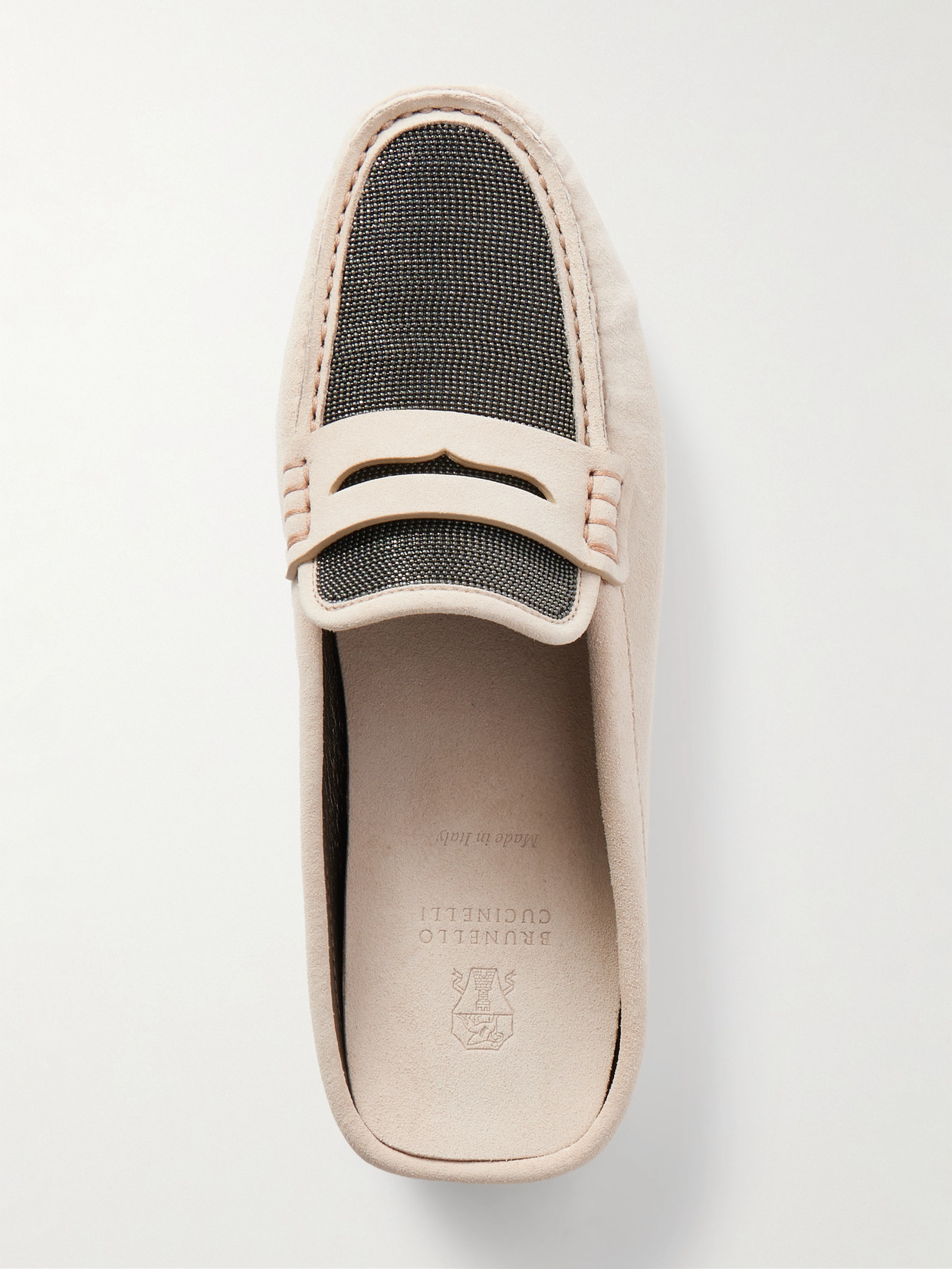 Brunello Cucinelli Bead-embellished Suede Slippers In Neutrals