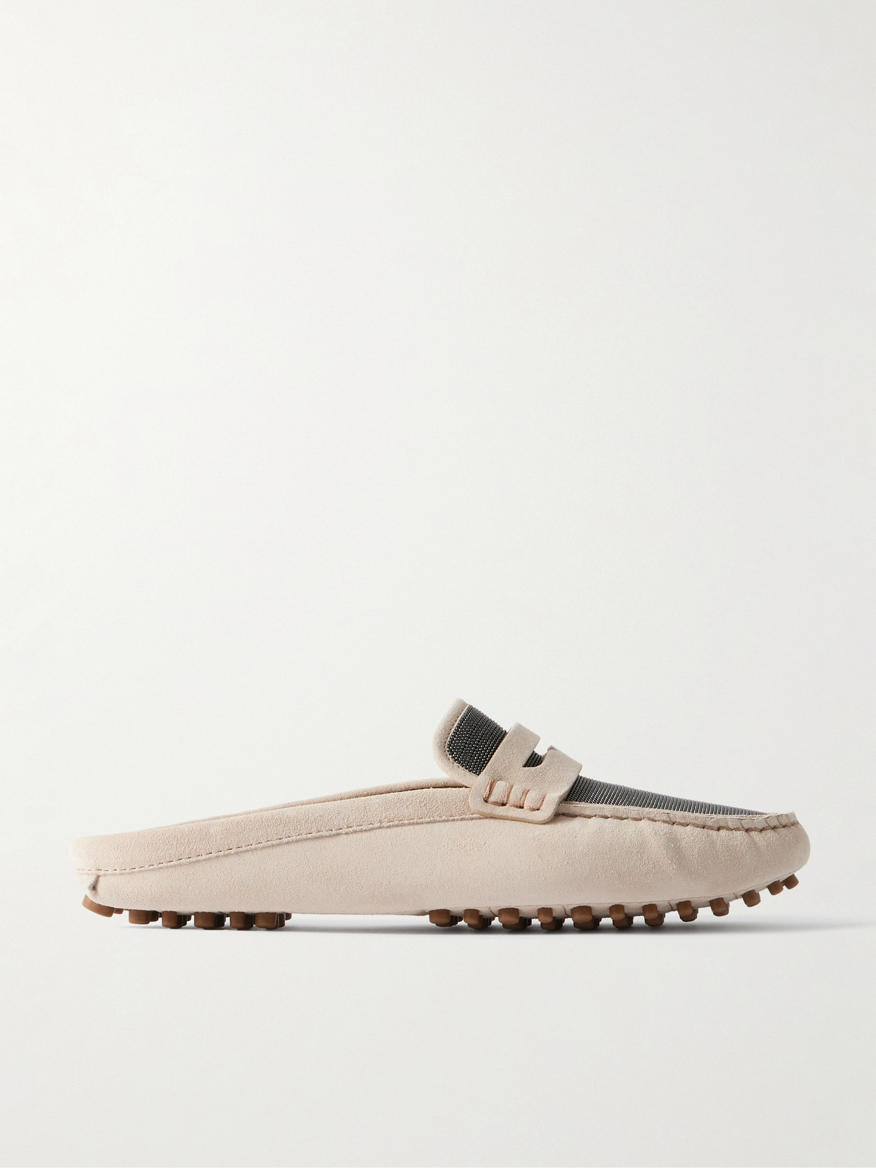 Brunello Cucinelli Bead-embellished Suede Slippers In Neutrals