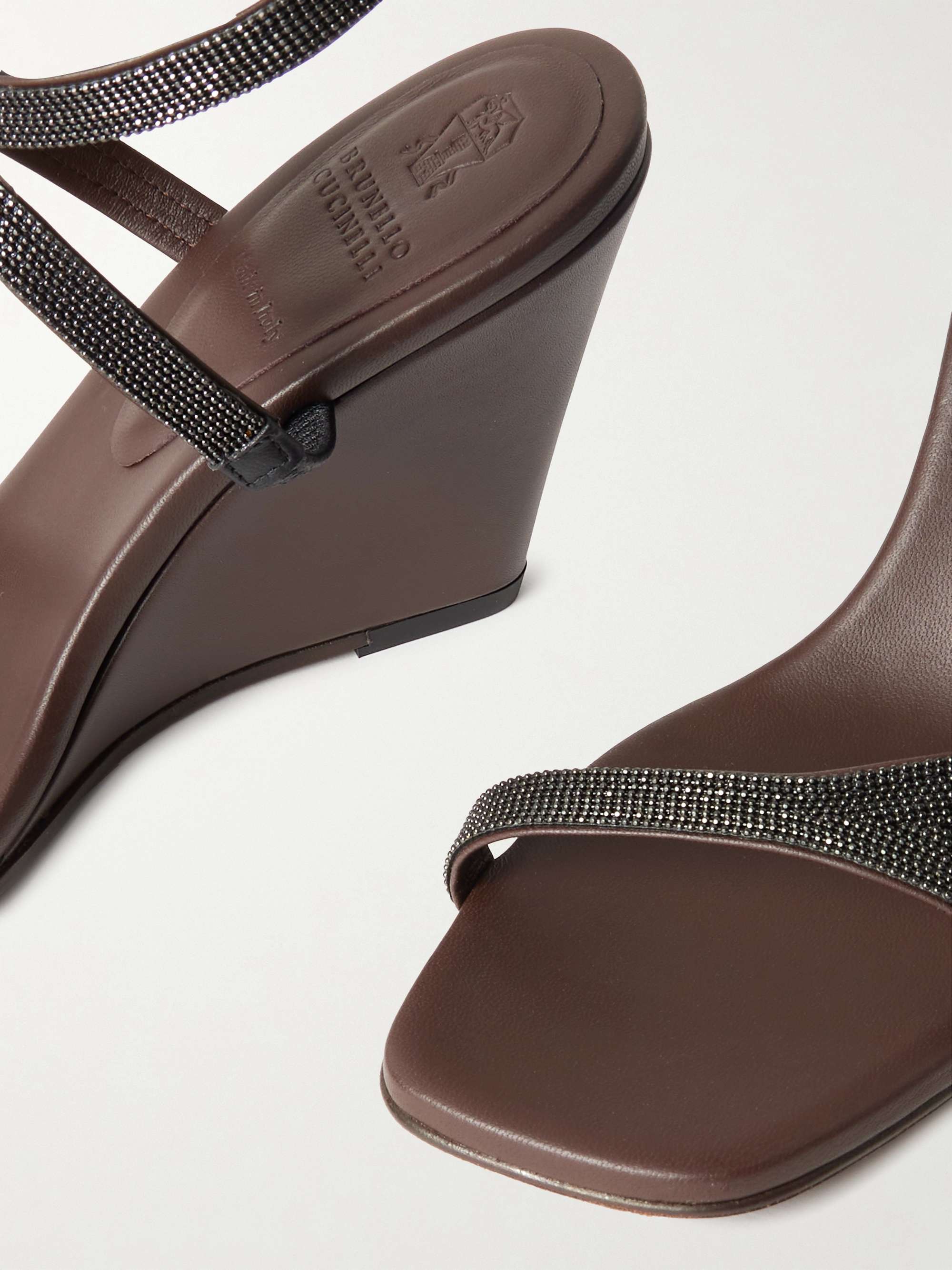 BRUNELLO CUCINELLI Bead-embellished leather wedge sandals BRUNELLO CUCINELLI Bead-embellished leather wedge sandals