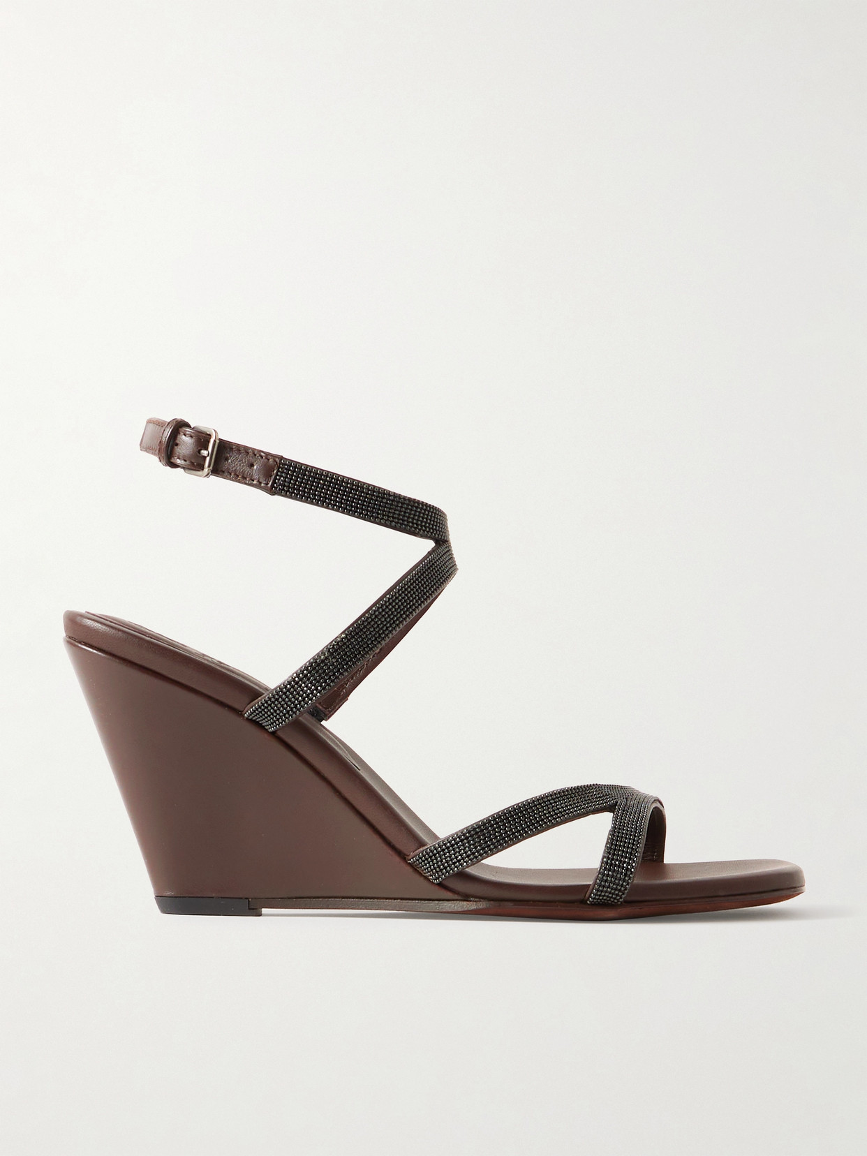 Brunello Cucinelli - Bead-embellished Leather Wedge Sandals - Brown