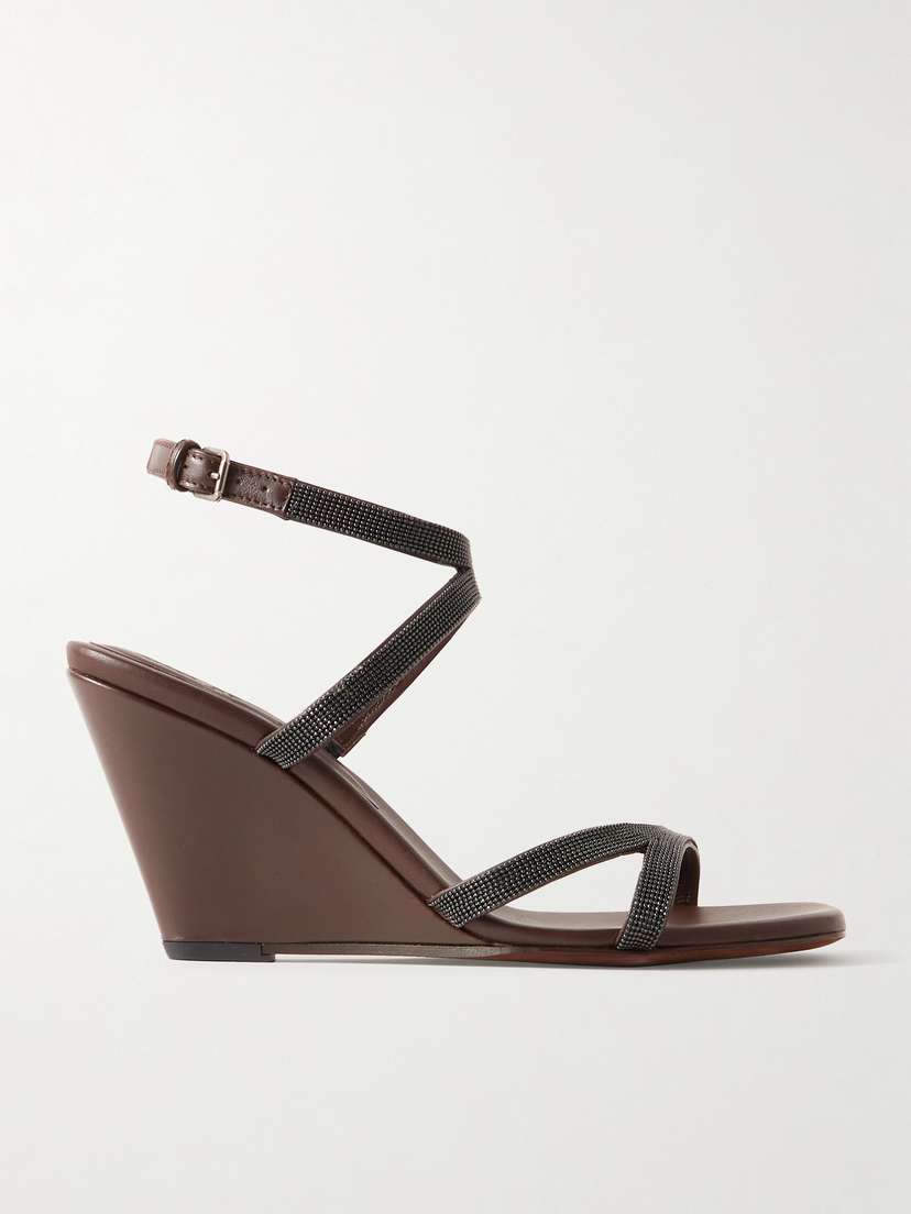 Brunello Cucinelli Bead-embellished Leather Wedge Sandals