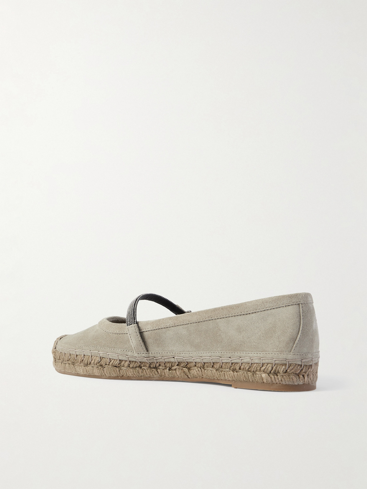 Brunello Cucinelli Bead-embellished Suede Mary Jane Espadrille Flats In Gray