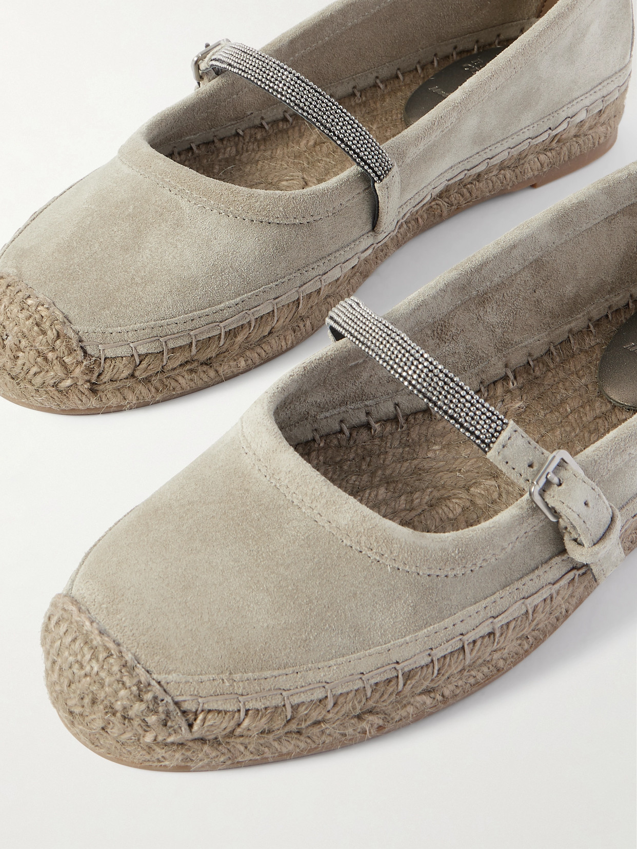 Brunello Cucinelli Bead-embellished Suede Mary Jane Espadrille Flats In Gray