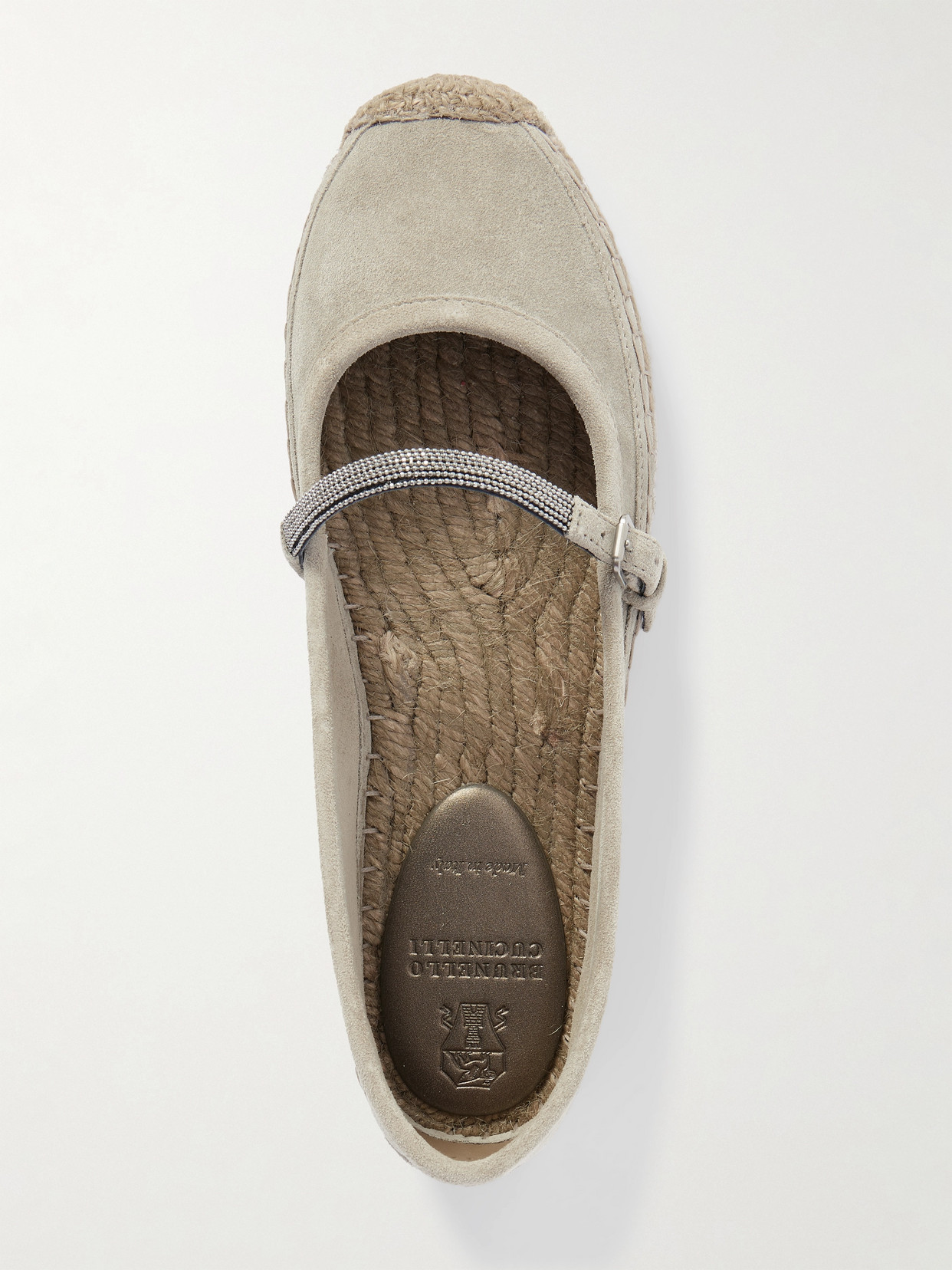 Brunello Cucinelli Bead-embellished Suede Mary Jane Espadrille Flats In Gray