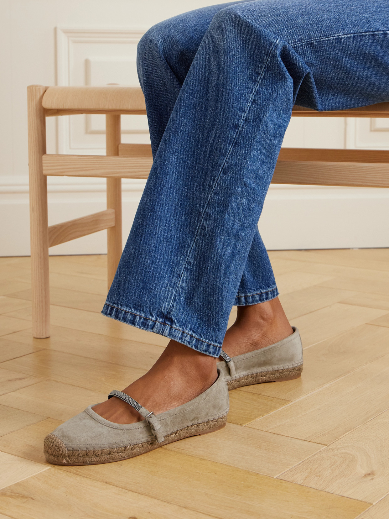 Brunello Cucinelli Bead-embellished Suede Mary Jane Espadrille Flats In Gray