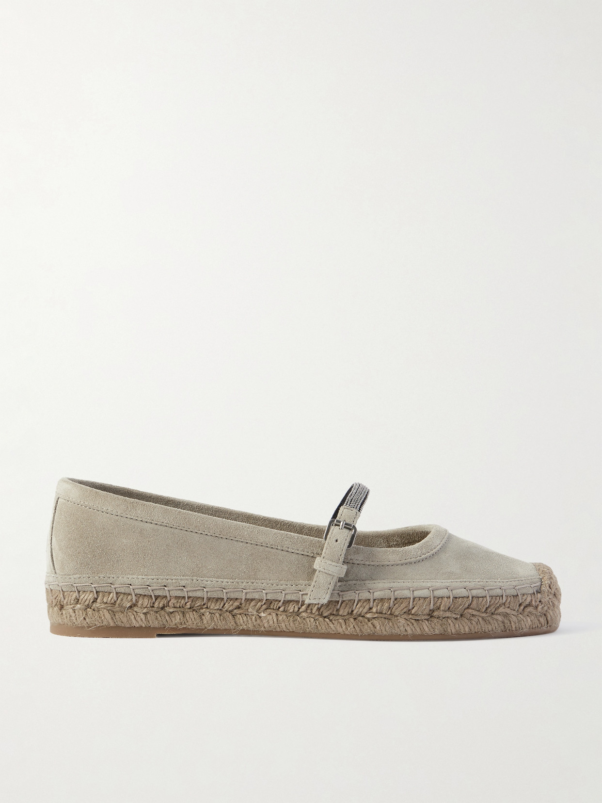 Brunello Cucinelli Bead-embellished Suede Mary Jane Espadrille Flats In Gray