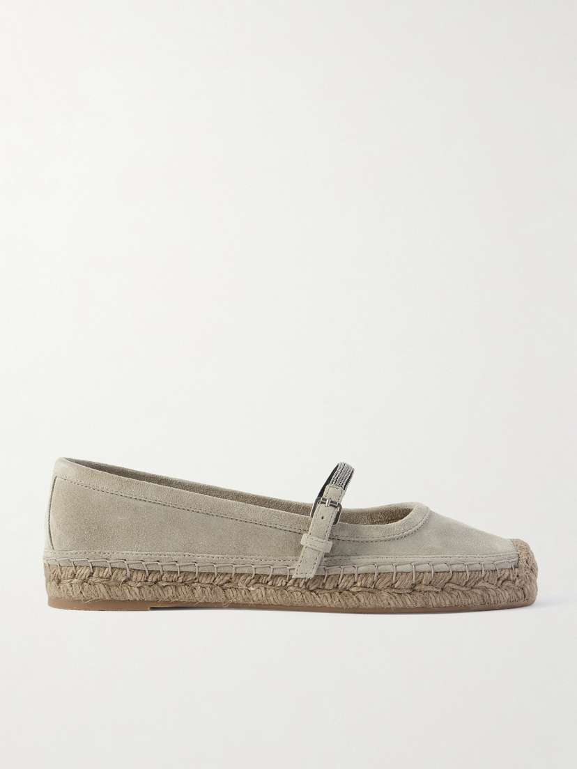 Brunello Cucinelli — Bead-embellished suede Mary Jane espadrille flats