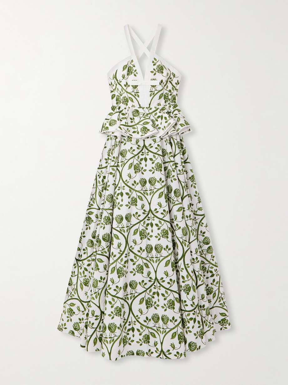 floral-print cotton-poplin peplum maxi dress