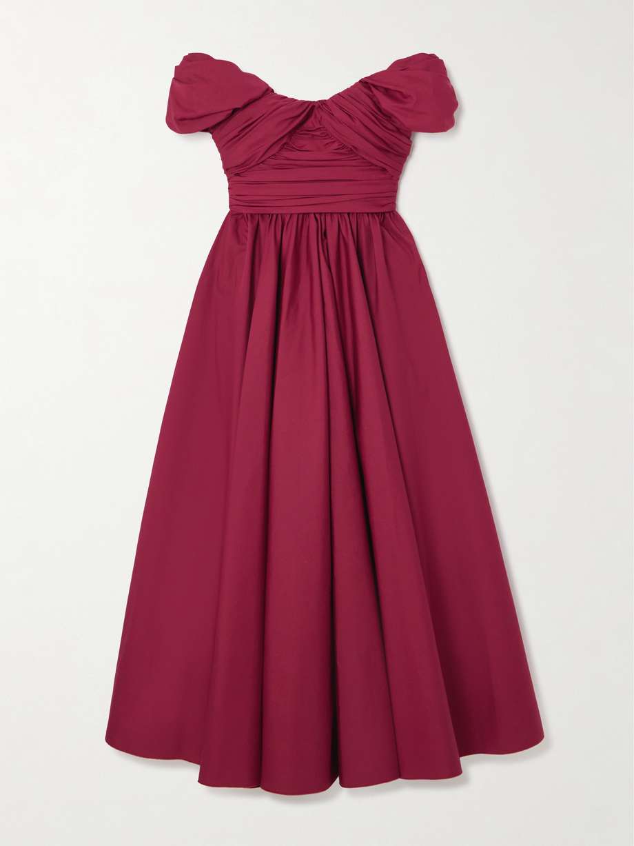 off-the-shoulder gathered cotton-poplin midi dress