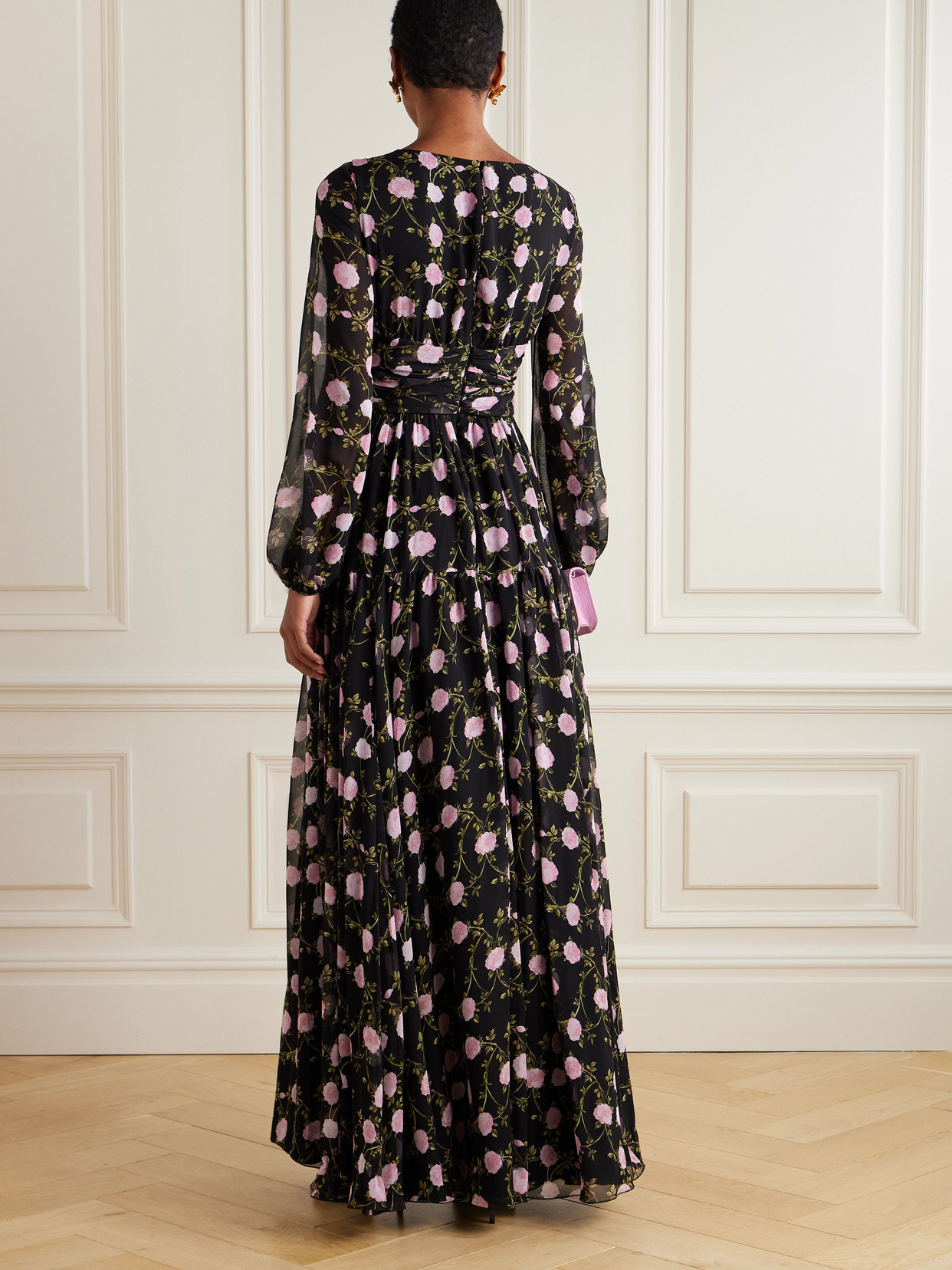 Giambattista Valli Gathered Floral-print Silk-chiffon Gown In Black