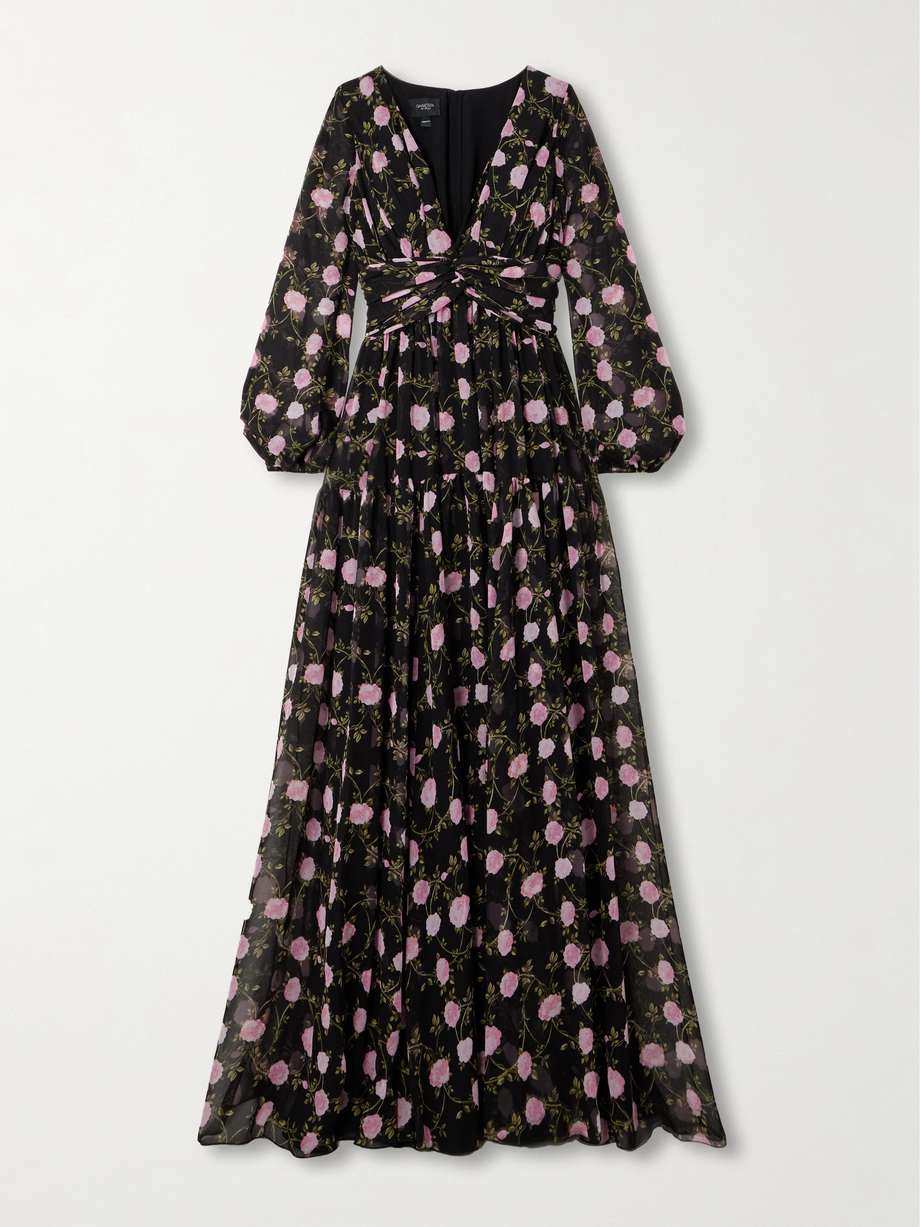gathered floral-print silk-chiffon gown