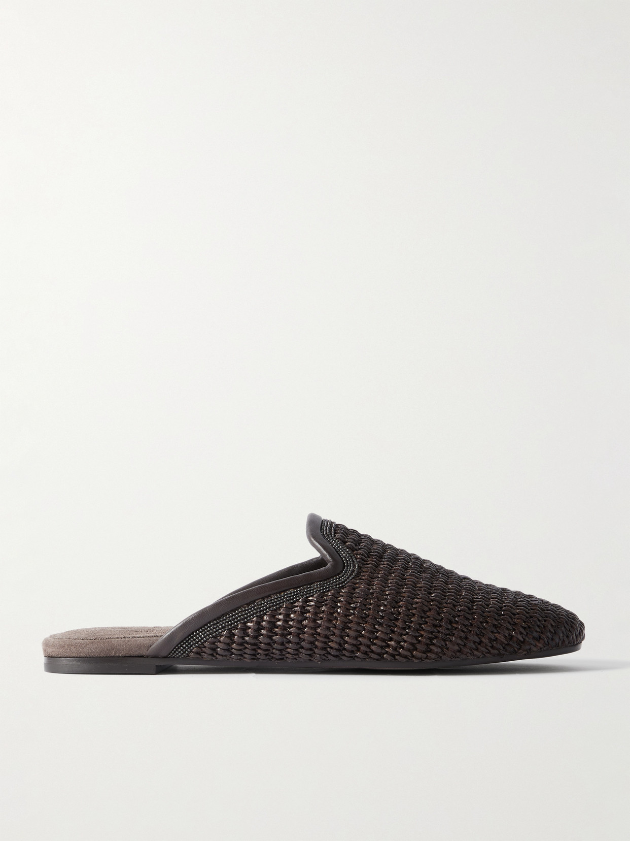 Brunello Cucinelli - Leather-trimmed Bead-embellished Raffia Slippers - Chocolate