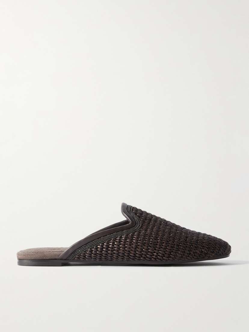 Brunello Cucinelli Leather-trimmed Bead-embellished Raffia Slippers