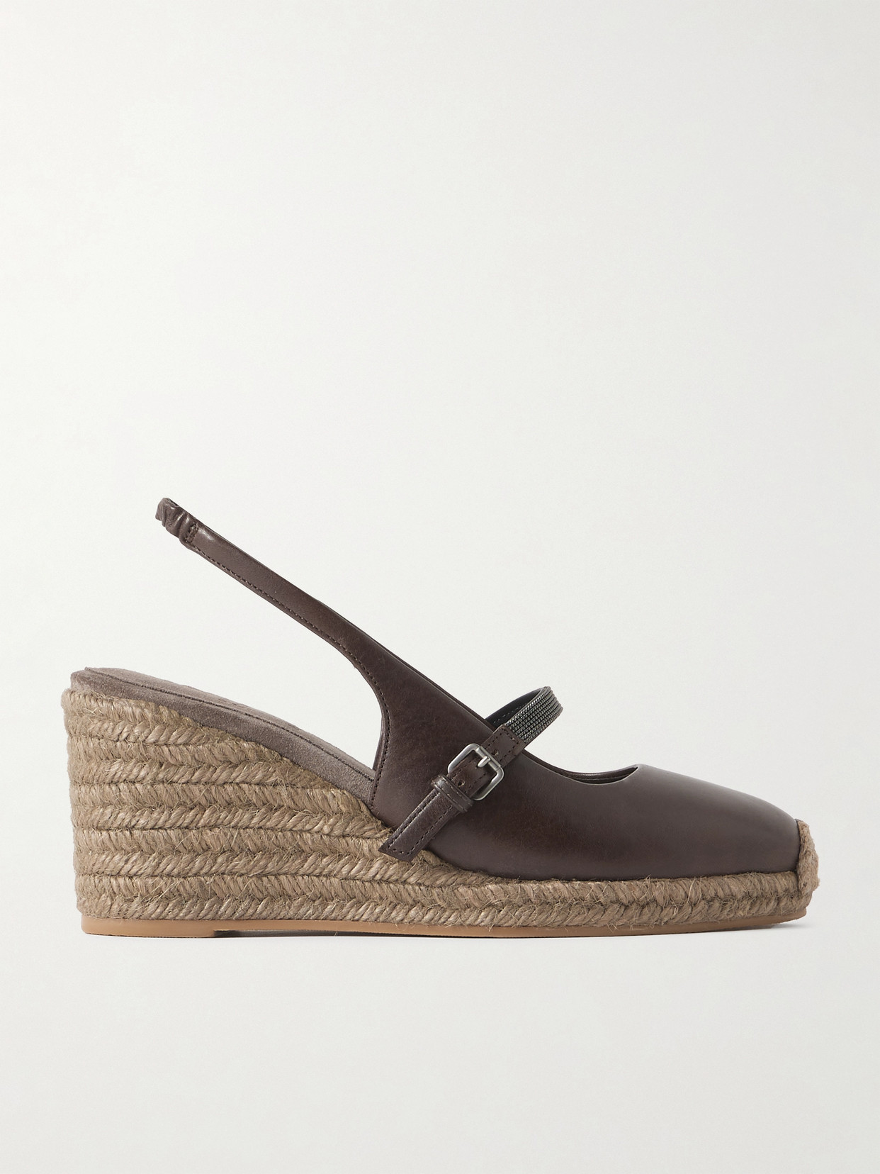 Brunello Cucinelli Leather Precious Strap Espadrille Wedges 60 In Brown