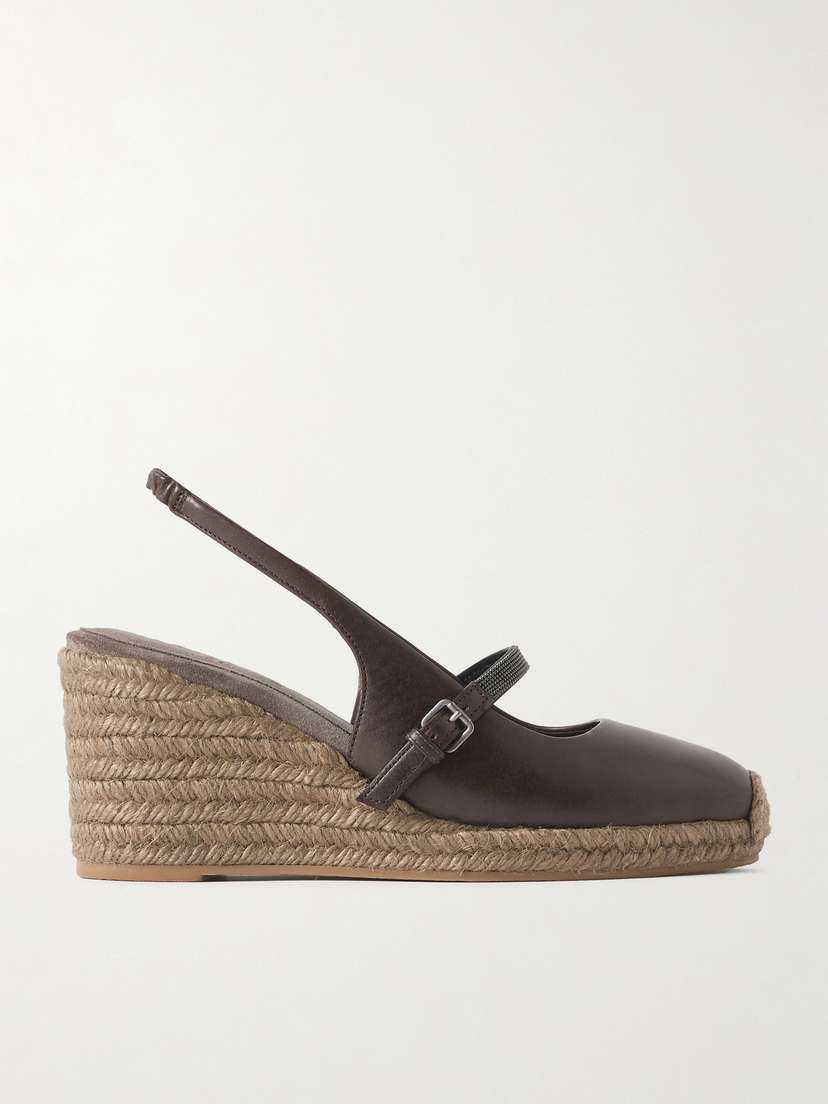 Brunello Cucinelli Bead-embellished Leather Slingback Espadrille Sandals