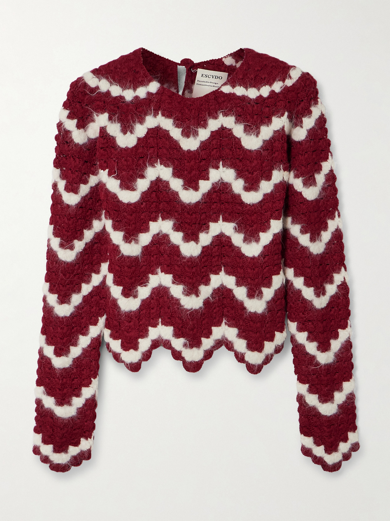 Escvdo Safi Scalloped Cropped Crocheted Alpaca Top In Burgundy