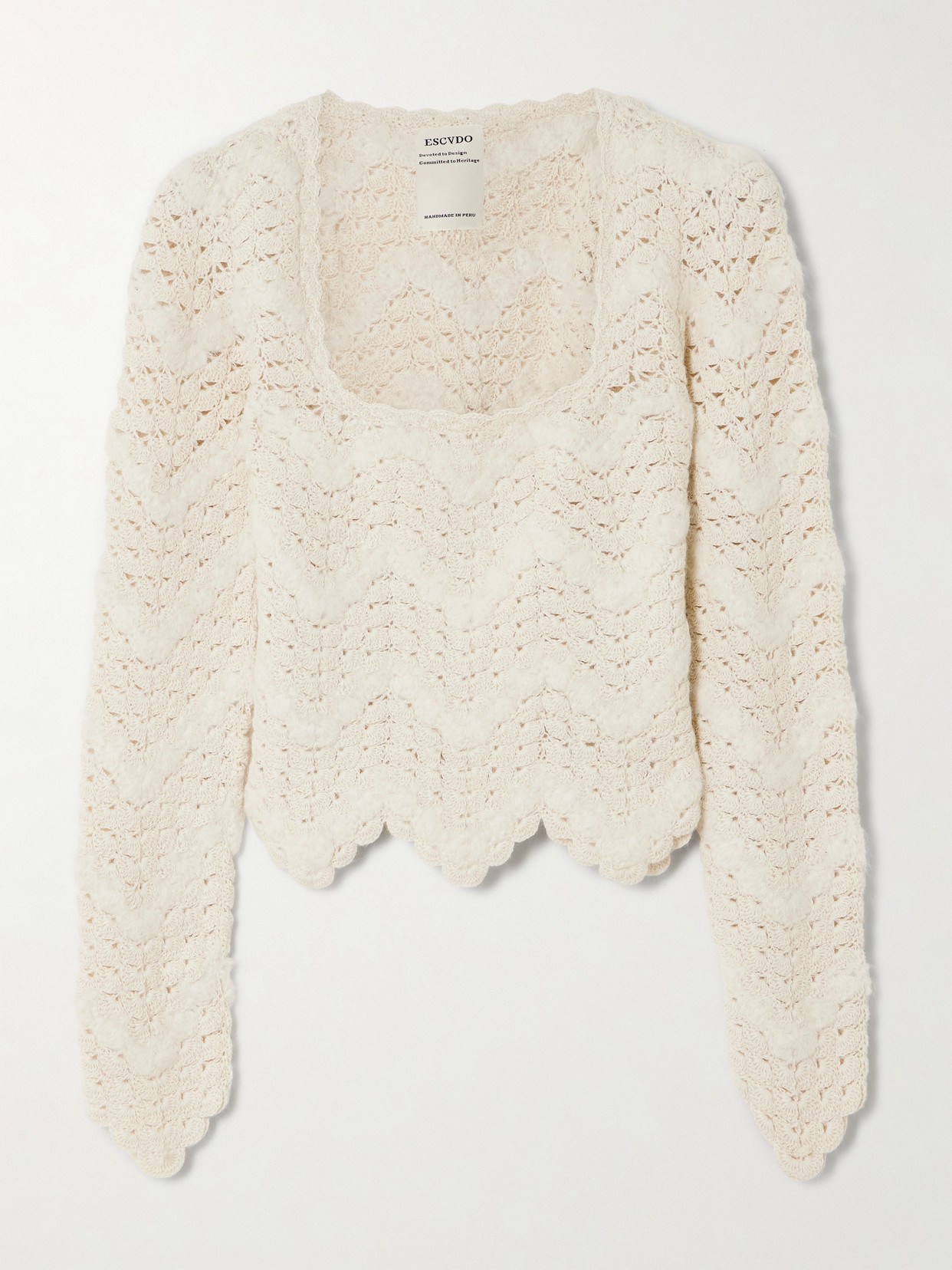Escvdo Brisa Scalloped Crocheted Alpaca Top In Ivory