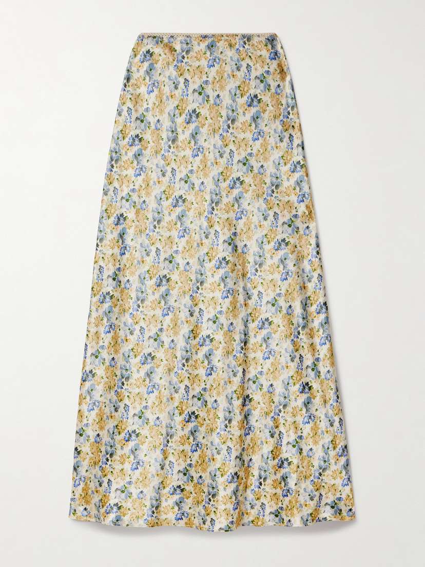 DÔEN Elowen Picot-trimmed Floral-print Silk-charmeuse Midi Skirt