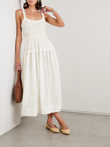 Dôen Marianne shirred organic cotton-poplin midi dress