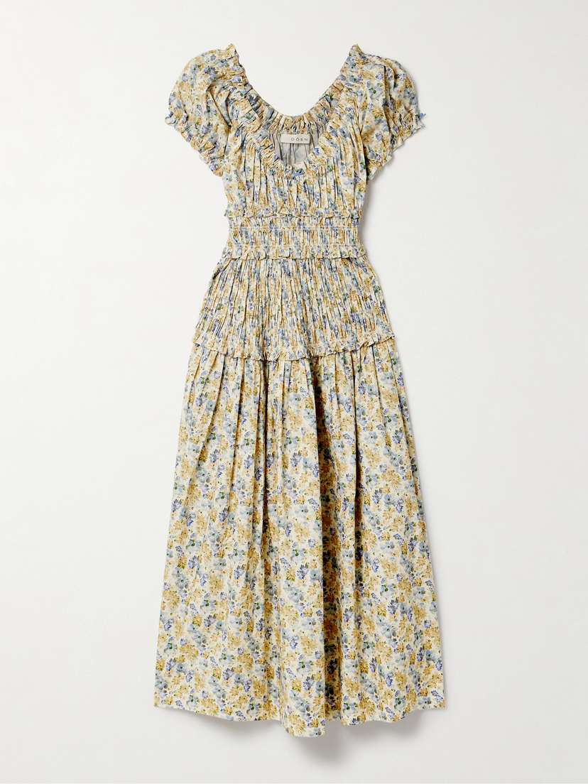 DÔEN Leanne Shirred Floral-print Cotton-voile Midi Dress