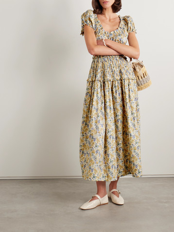 Dôen Leanne shirred floral-print cotton-voile midi dress