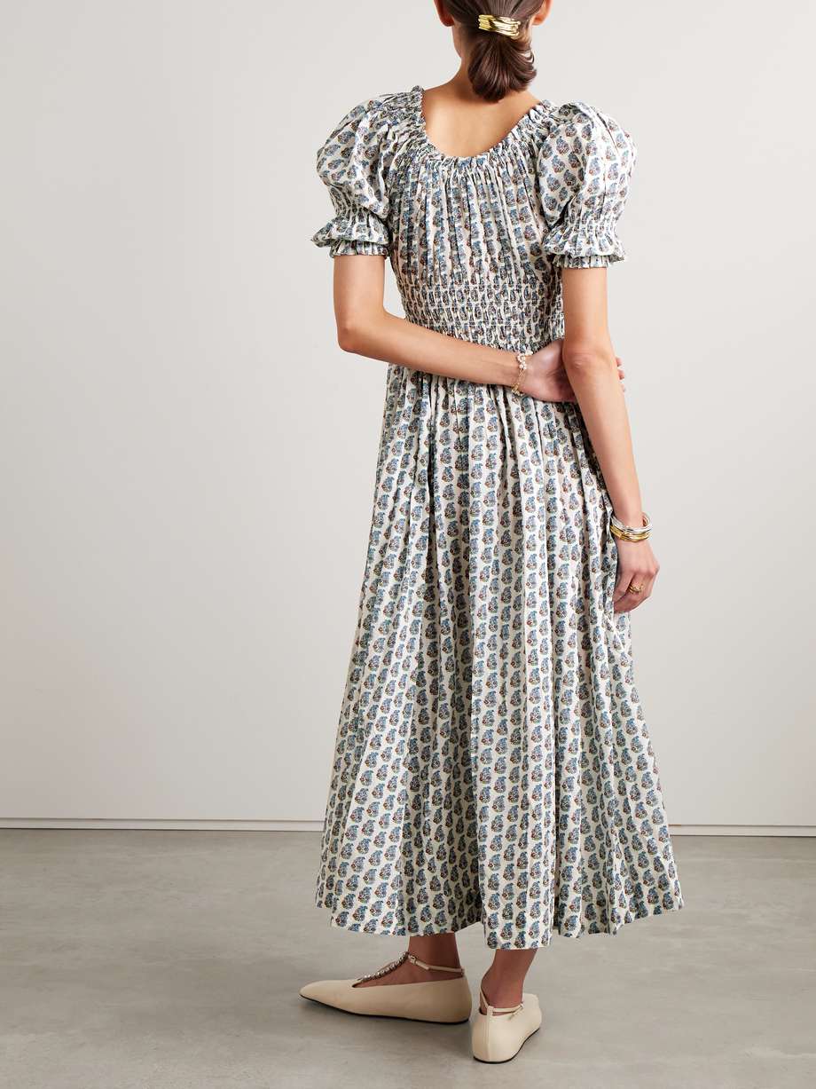 ischia shirred floral-print organic cotton-blend voile midi dress