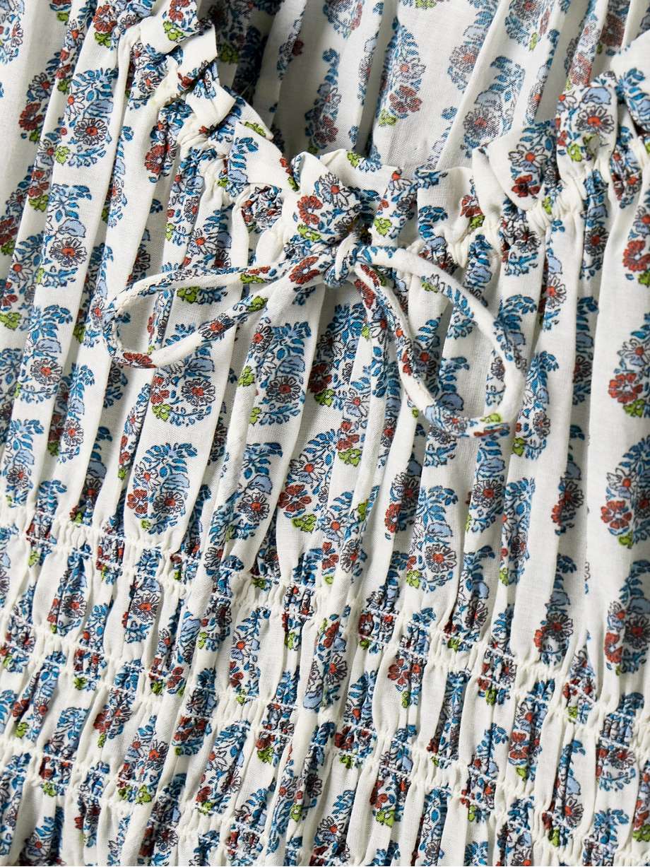 ischia shirred floral-print organic cotton-blend voile midi dress