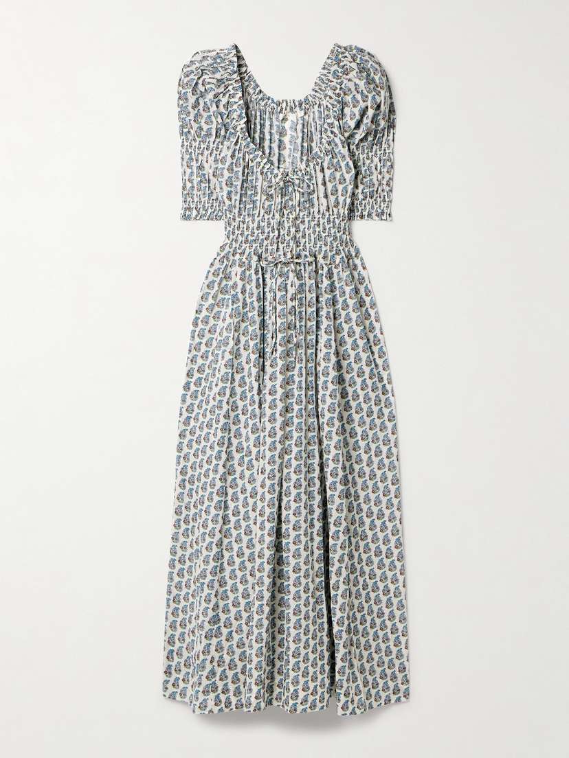 DÔEN Ischia Shirred Floral-print Organic Cotton-blend Voile Midi Dress