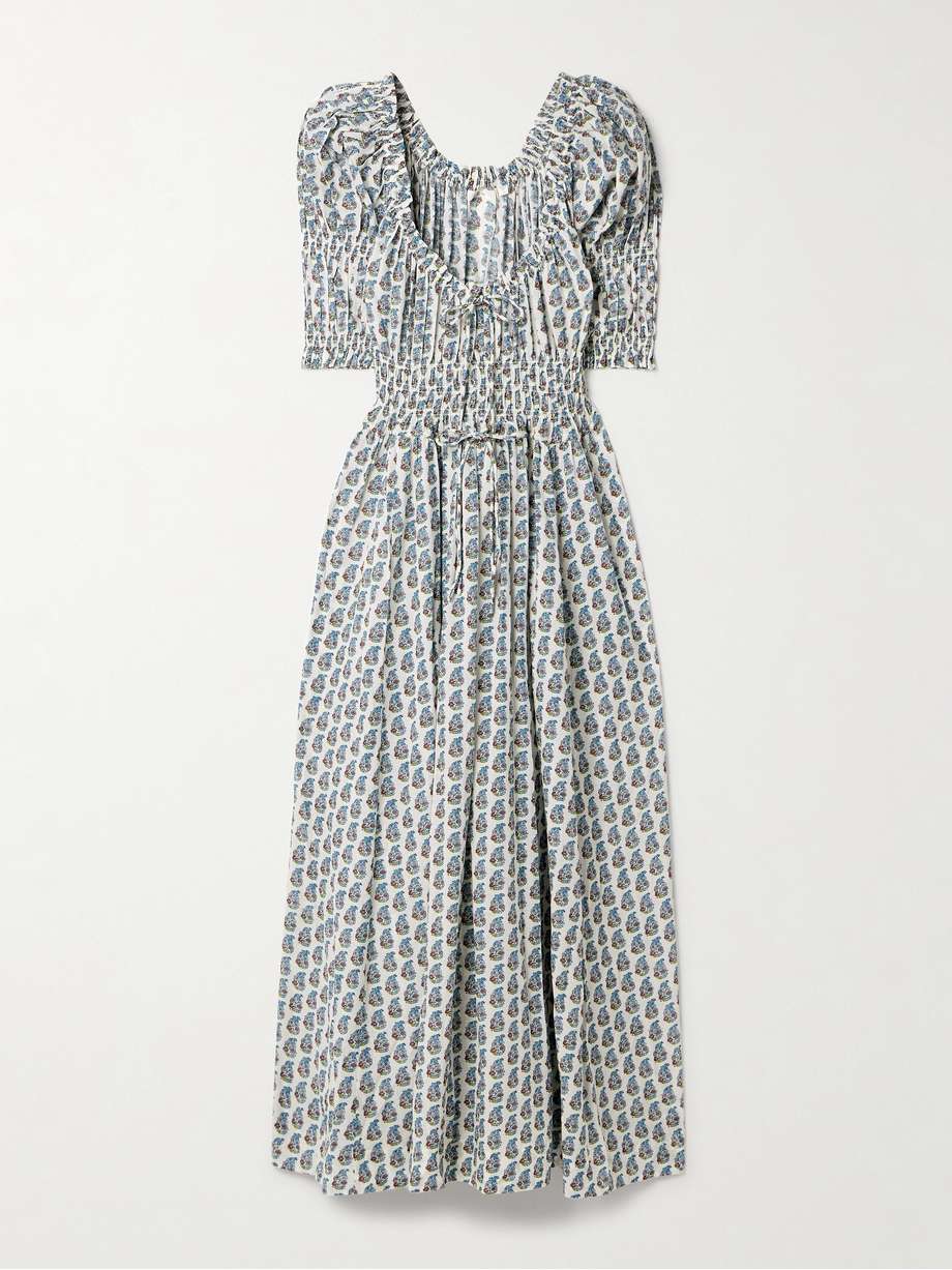 ischia shirred floral-print organic cotton-blend voile midi dress