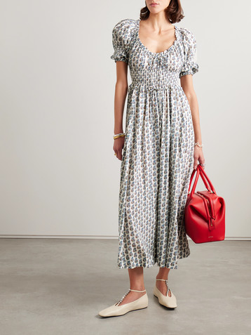 Dôen Ischia shirred floral-print organic cotton-blend voile midi dress