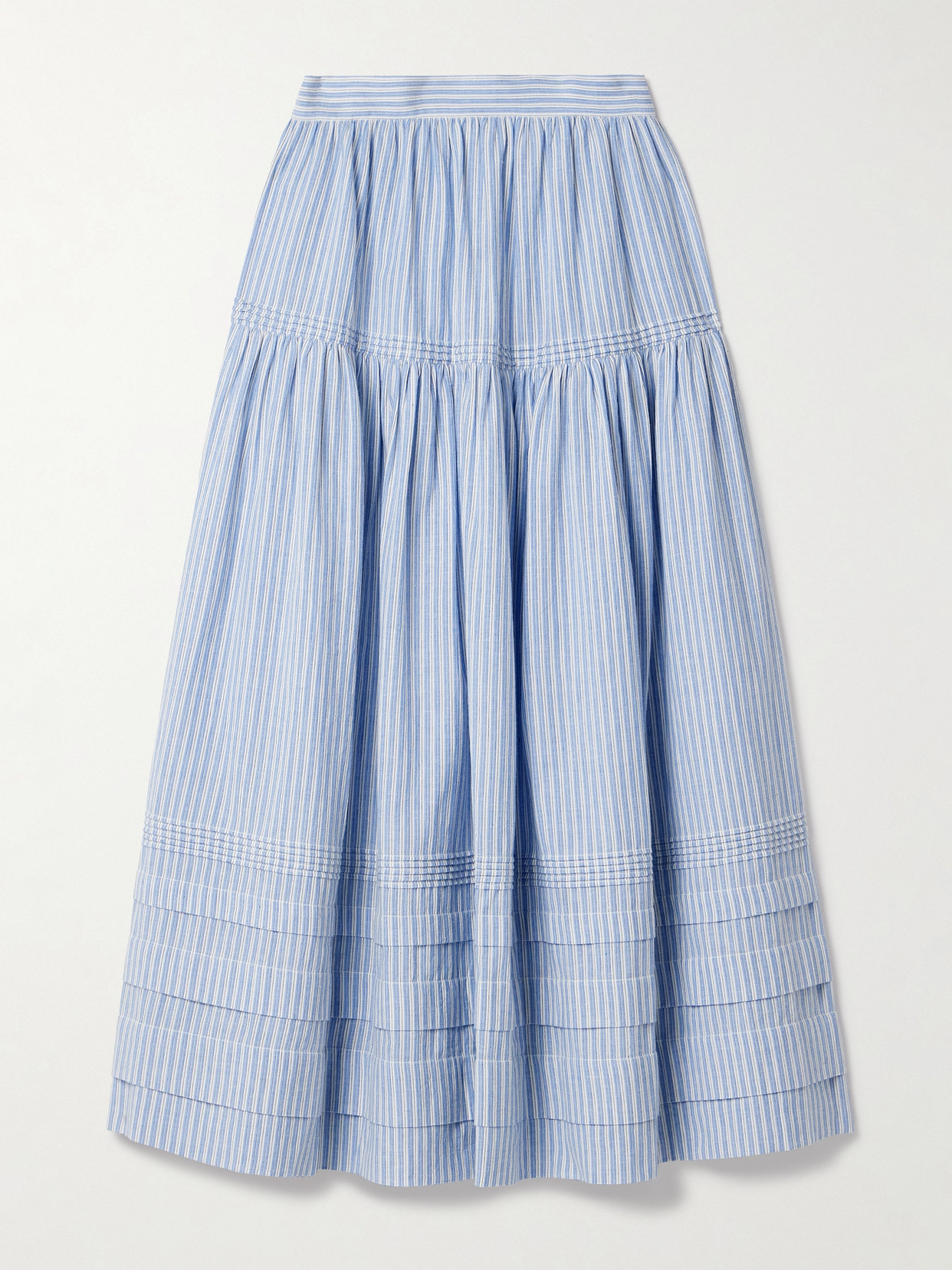 DÔEN - Sebastiane Tiered Striped Organic Cotton-voile Midi Skirt - Blue