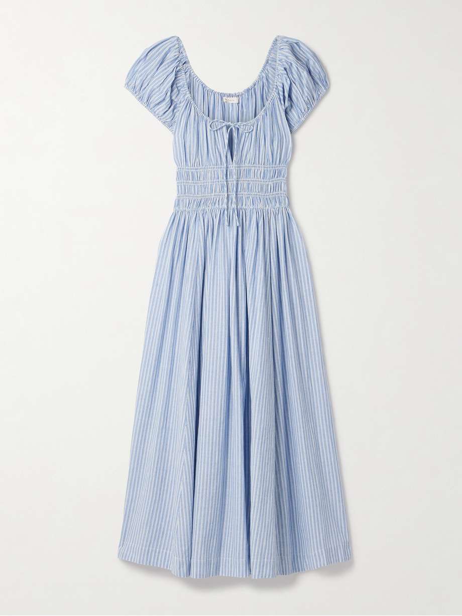 quinn tie-detailed shirred striped organic cotton-poplin midi dress