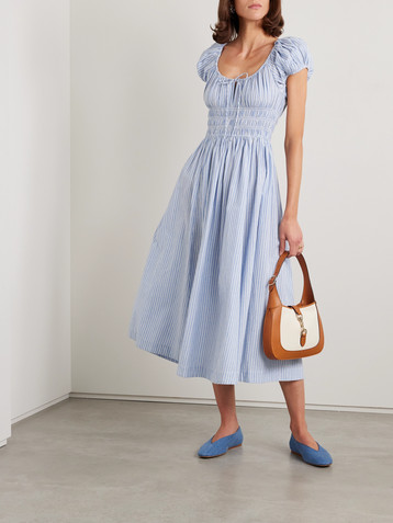 Dôen Quinn tie-detailed shirred striped organic cotton-poplin midi dress