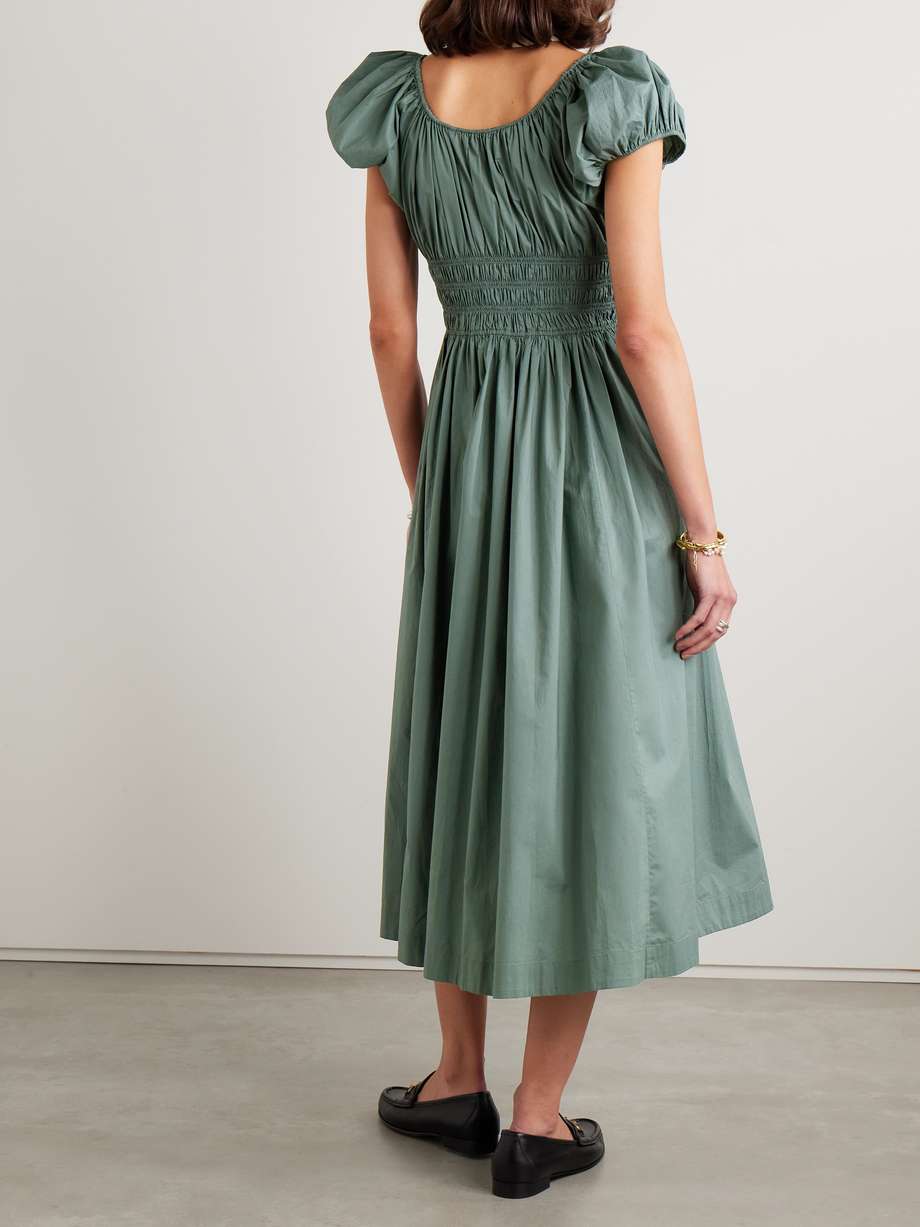 quinn tie-detailed shirred organic cotton-poplin midi dress
