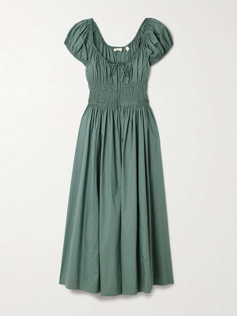 DÔEN Quinn Tie-detailed Shirred Organic Cotton-poplin Midi Dress