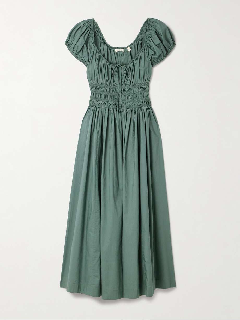 quinn tie-detailed shirred organic cotton-poplin midi dress